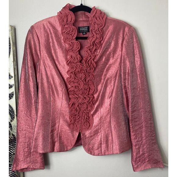 VINTAGE ADRIANNA PAPELL JACKET 12 FRILLY FEMININE RUFFLE IRIDESCENT PINK BLAZER - Picture 1 of 15